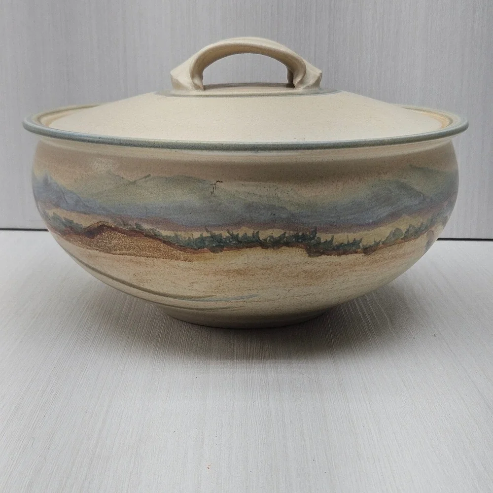 Studio Pottery Desert Landscape Lidded Casserole Dish Southwestern Stoneware
